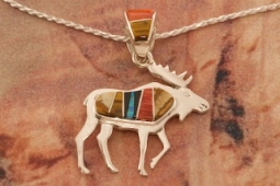Calvin Begay New Design Genuine Picture Jasper Shell Sterling Silver Elk Pendant